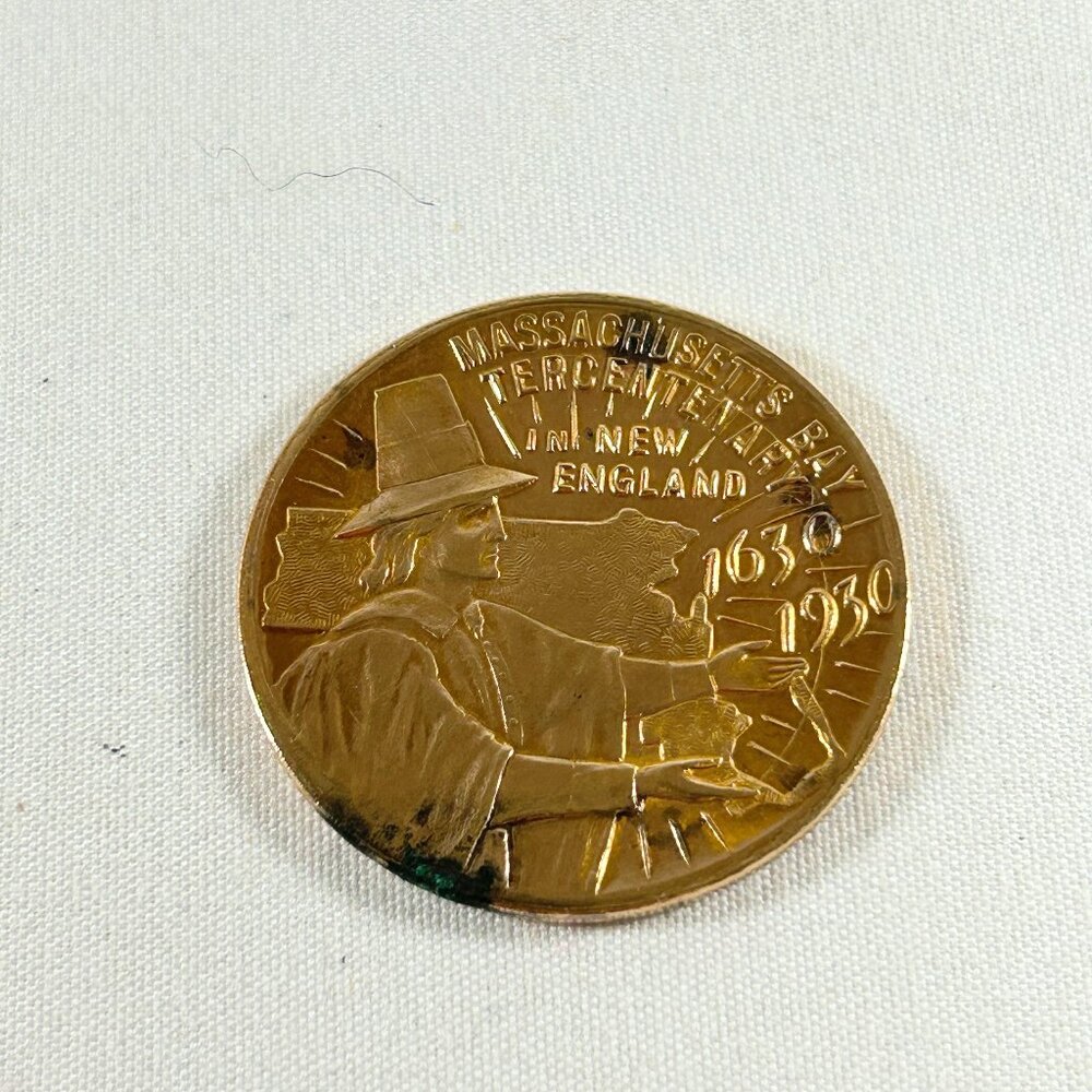 COIN 1930S MASSACHUSETTS BAY TERCENTENARY (1630-1930) COMMEMORATIVE BRASS COIN.